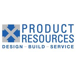 Logo for "Product Resources" with a blue and gray design element. Text: Design, Build, Service.