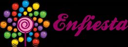 Logo con chupete y círculos de colores brillantes, texto "Enfiesta" en fuente cursiva magenta.