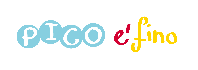 Schriftzug "Pico e' fino" in blau, rot und gelb auf weißem Hintergrund.