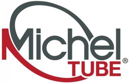 Logo mit dem Schriftzug "Michel TUBE" in Grau und Rot, mit geschwungenem rotem Bogen.
