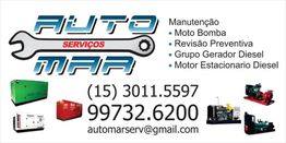 Cartão da Auto Mar Serviços com contato e lista de serviços de manutenção de geradores e motores.