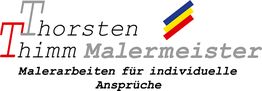 Logo: "Thorsten Thimm Malermeister", mit Farbstrichen in Blau, Gelb, Rot und grauer Schrift.