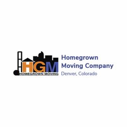 Homegrown Moving Company logo with Denver skyline silhouette, text in black and blue.