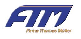 Logo mit Schriftzug "Firma Thomas Müller" in Blau und Orange.