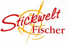 Logo mit rotem Text "Stickwelt Fischer", darüber gelbes Stickmotiv.