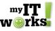 Logo mit Text "my IT works!" und grünem Smiley-Gesicht als "o".