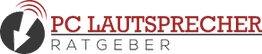 Logo mit Text "PC Lautsprecher Ratgeber", Pfeil und Schallwellen-Symbol in Schwarz und Rot.