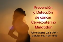 Silueta de mujer al atardecer con texto sobre prevención de cáncer cervicouterino en Minatitlán.