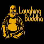 Laughing Buddha illustration with text on a black background.