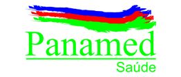 Logotipo da Panamed Saúde com manchas de tinta em azul, vermelho e verde sobre o nome.