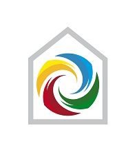 Logo mit buntem Wirbel (blau, gelb, grün, rot) in einem grauen Hausumriss.