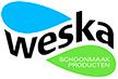 Logo met tekst "Weska Schoonmaakproducten" in blauwe en groene kleuren.
