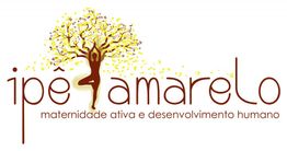 Logotipo de "Ipê Amarelo", com mulher em pose de ioga formando a árvore florida.
