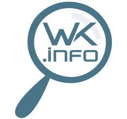 Vergrößerungsglas mit "WK.info"-Logo in Blau, das über einem weißen Hintergrund schwebt.