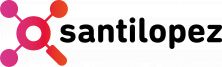 Logo con figura molecular rosada y texto "santilopez" en negro.