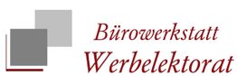 Logo mit grauen Quadraten und Text: "Bürowerkstatt Werbelektorat" in roter Schrift.