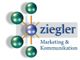 Logo mit grünen Kugeln, violetter Zentrale, Text: "ziegler Marketing & Kommunikation".
