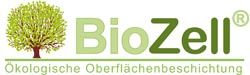 Logo von BioZell mit Baum und Text: "Ökologische Oberflächenbeschichtung".