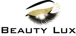 Schwarze Wimpern mit goldenem Glitzer, darüber steht "Beauty Lux".