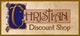 "Christian Discount Shop logo with ornate lettering and blue background."