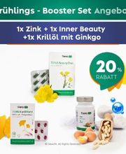 Frühlings-Booster-Set mit Zink, Inner Beauty und Krillöl, 20% Rabatt-Hinweis.