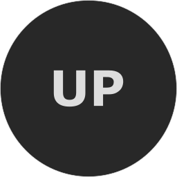 Schwarzer Kreis mit dem Wort "UP" in weißer Schrift in der Mitte.
