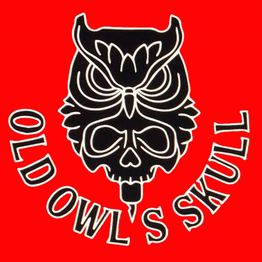 Logo con teschio di gufo e testo "Old Owl's Skull" su sfondo rosso.