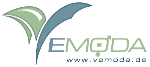 Logo mit stilisiertem Blatt und Text "v-emoda" in Grün und Blau, Webseite: www.vemoda.de.