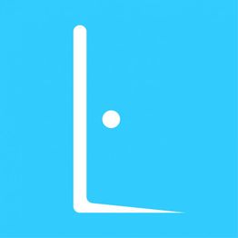 Weißes L-förmiges Design mit einem Punkt auf blauem Hintergrund.