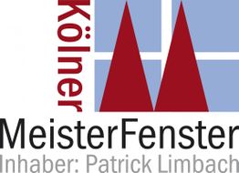 Logo mit roten Türmen, Text: "Kölner MeisterFenster, Inhaber: Patrick Limbach" vor blauem Hintergrund.