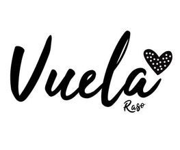 Texto "Vuela Raso" con un corazón negro con puntos blancos.