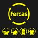 Logotipo de "fercas" amarillo sobre negro, con iconos de pescado, montaña, persona y camiseta.