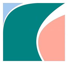 Abstraktes Design mit blauen, grünen und rosa Kurven auf weißem Hintergrund.