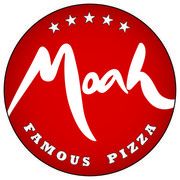 Rotes Logo mit "Moah Famous Pizza" in Weiß, umgeben von fünf Sternen.