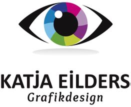 Logo mit einem stilisierten Auge und dem Text "Katja Eilders Grafikdesign".