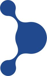 Abstrakte blaue Form mit zwei kleinen Kreisen links und einem großen Kreis rechts verbunden.