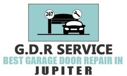 Garage door service logo; reads "Best Garage Door Repair in Jupiter." Features car and tools.