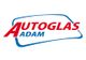 Logo von Autoglas Adam, rote und blaue Schrift vor einem stilisierten Glasumriss.