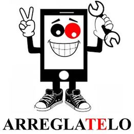 Dibujo de un celular sonriente con herramientas y el texto "ARREGLATELO" debajo.