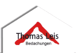 Logo mit Hausdach-Design und Text "Thomas Leis Bedachungen" in Schwarz-Rot.