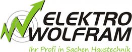 Logo von Elektro Wolfram mit grünem Pfeil und Text: "Ihr Profi in Sachen Haustechnik".