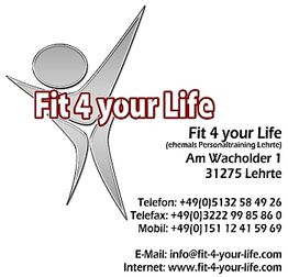 Silhouette mit "Fit 4 your Life" Text, Kontaktinformationen und Website auf weißem Hintergrund.