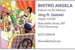 Visitenkarte von Bistro Angela mit buntem Bild von Essenden und Kontaktdaten.
