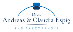 Logo der Zahnarztpraxis Dres. Andreas & Claudia Espig mit stilisiertem Zahn in Blau.