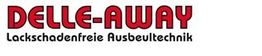 Logo mit rotem Text: "DELLE-AWAY", darunter "Lackschadenfreie Ausbeultechnik" in Schwarz.