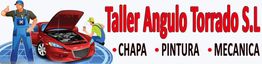 Dos mecánicos reparan un coche rojo junto al texto: "Taller Angulo Torrado S.L. Chapa Pintura Mecánica".