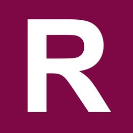 Weißer Buchstabe "R" auf weinrotem Hintergrund.