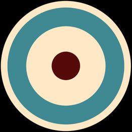 Kreis-Muster in Braun, Beige und Blau, angeordnet in konzentrischen Ringen auf schwarzem Hintergrund.