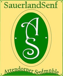 Grünes "AS"-Logo der Attendorner Senfmühle auf gelbem Hintergrund. Text: "SauerlandSenf".