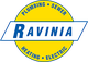Circular logo with "Ravinia" and services: Plumbing, Sewer, Heating, Electric. Blue and yellow theme.